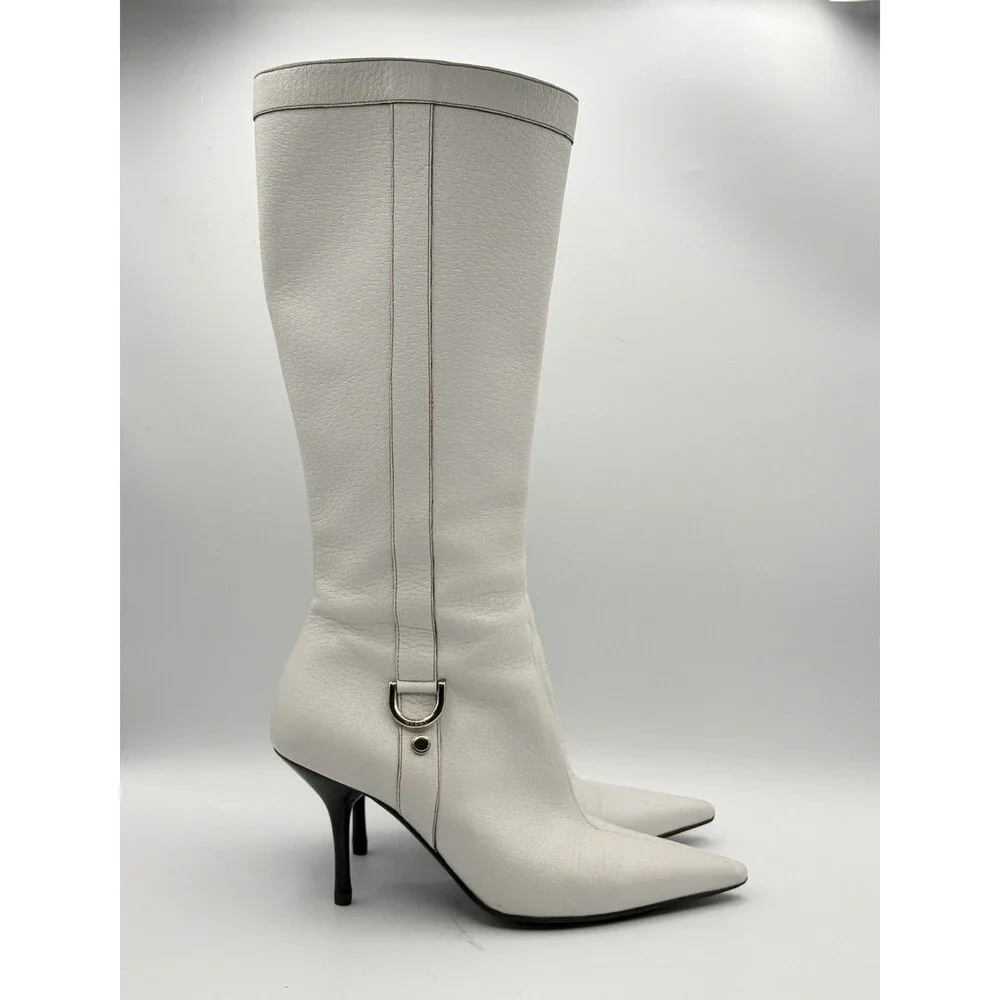 Gucci White Leather Knee High Pointed Toe Boots Vintage Size EU 36.5